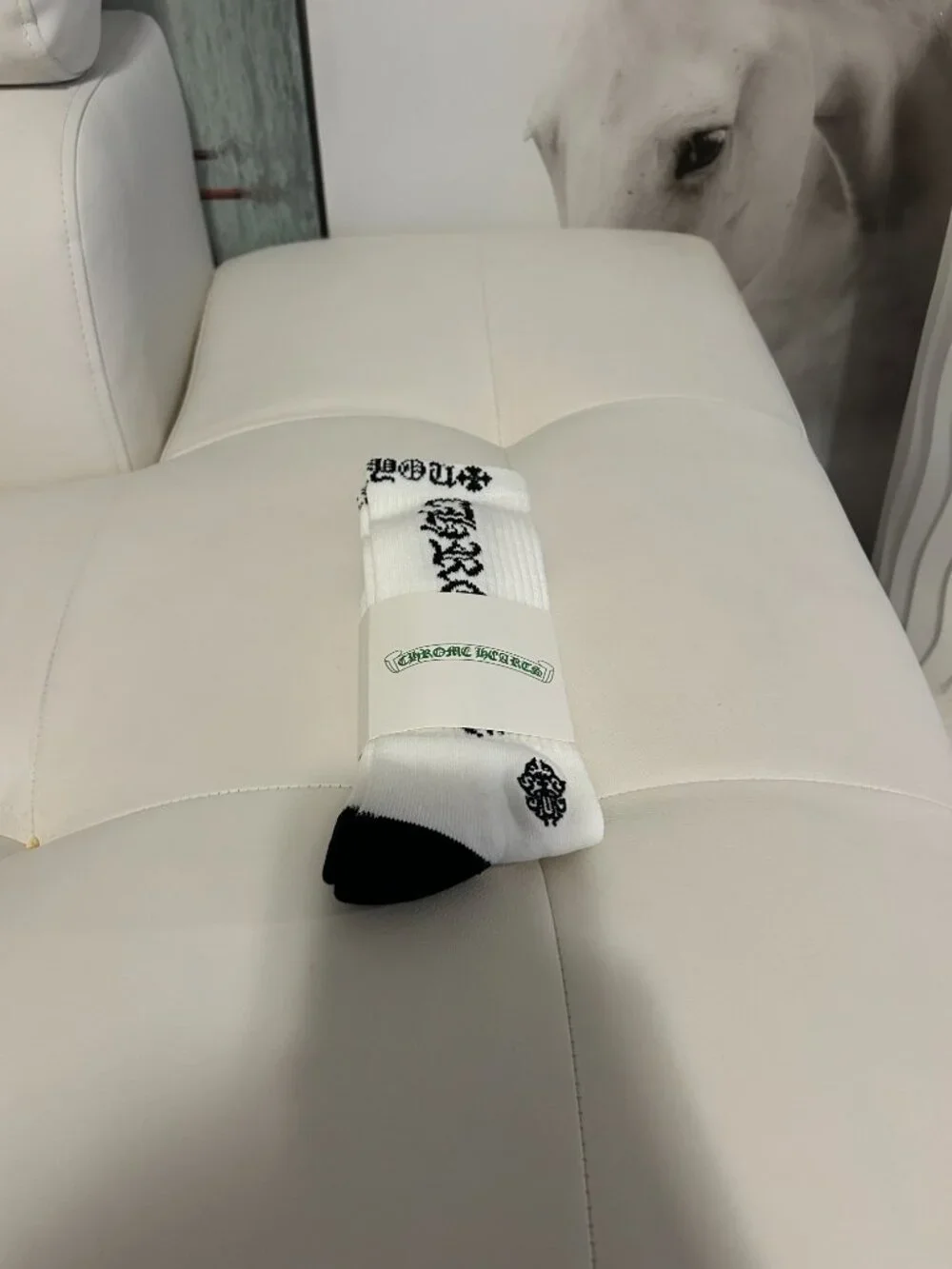 Chrome Hearts White Crew Socks with Black Accents and Logo